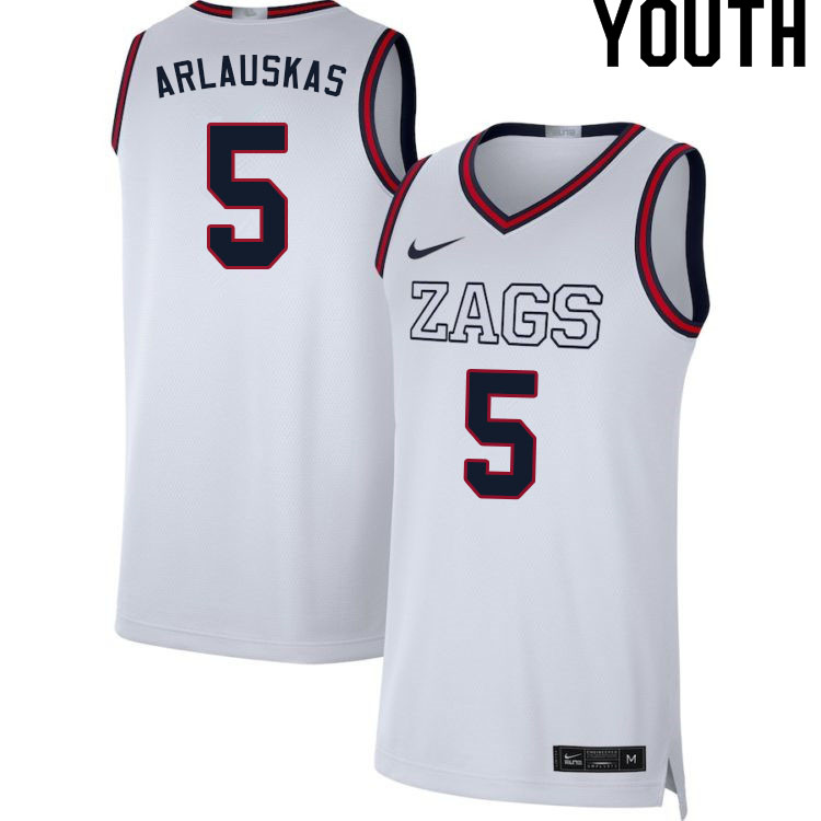 Youth #5 Martynas Arlauskas Gonzaga Bulldogs College Basketball Jerseys Sale-White